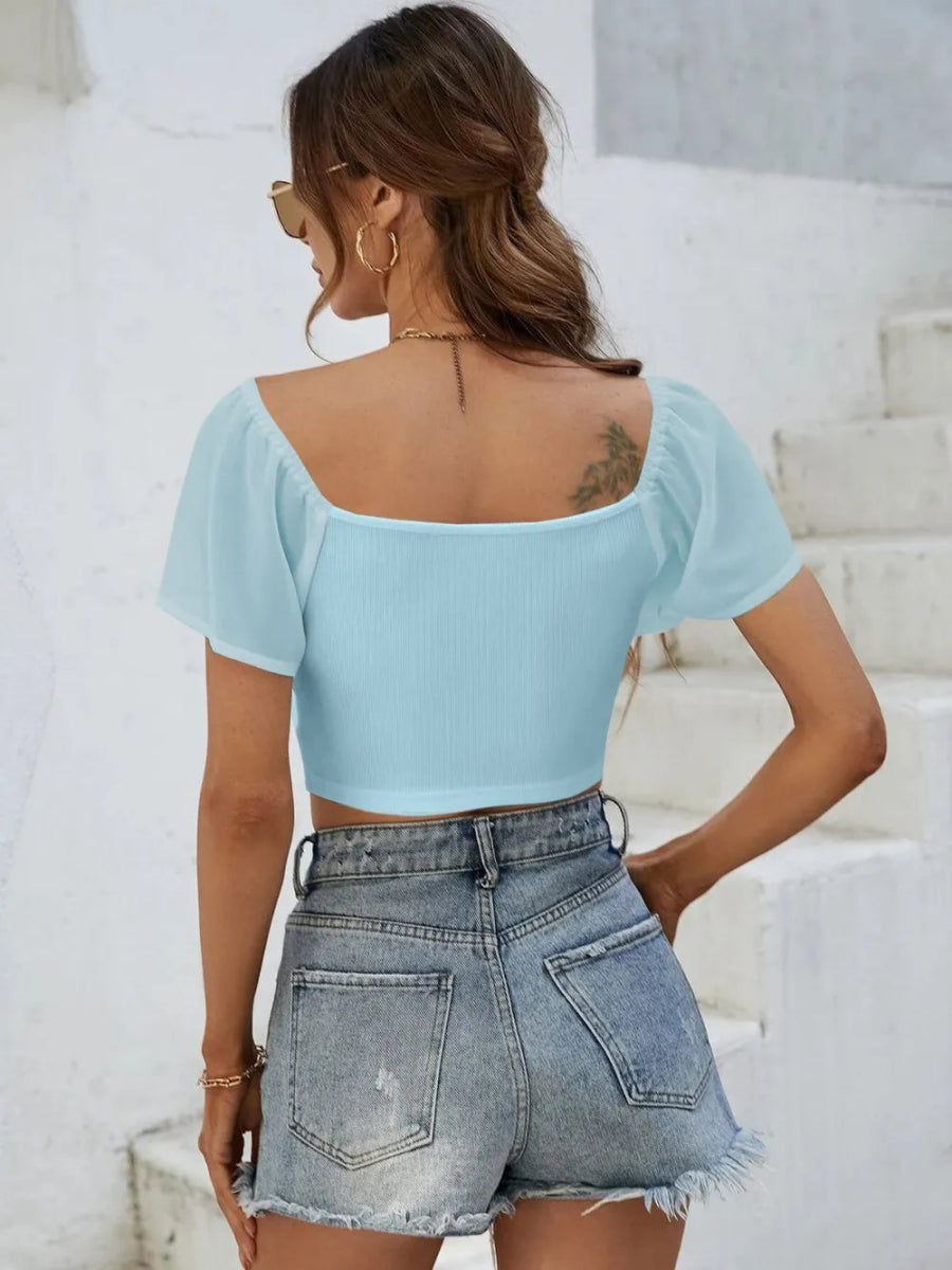 Drawstring Short Sleeve Crop Top - CELIVINE