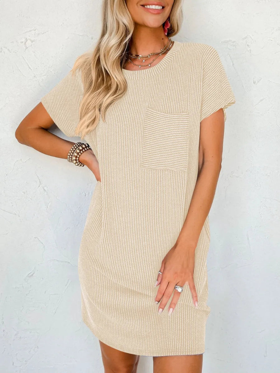 Round Neck Short Sleeve Mini Dress - CELIVINE