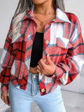 Plaid Collared Neck Drop Shoulder Jacket - CELIVINE