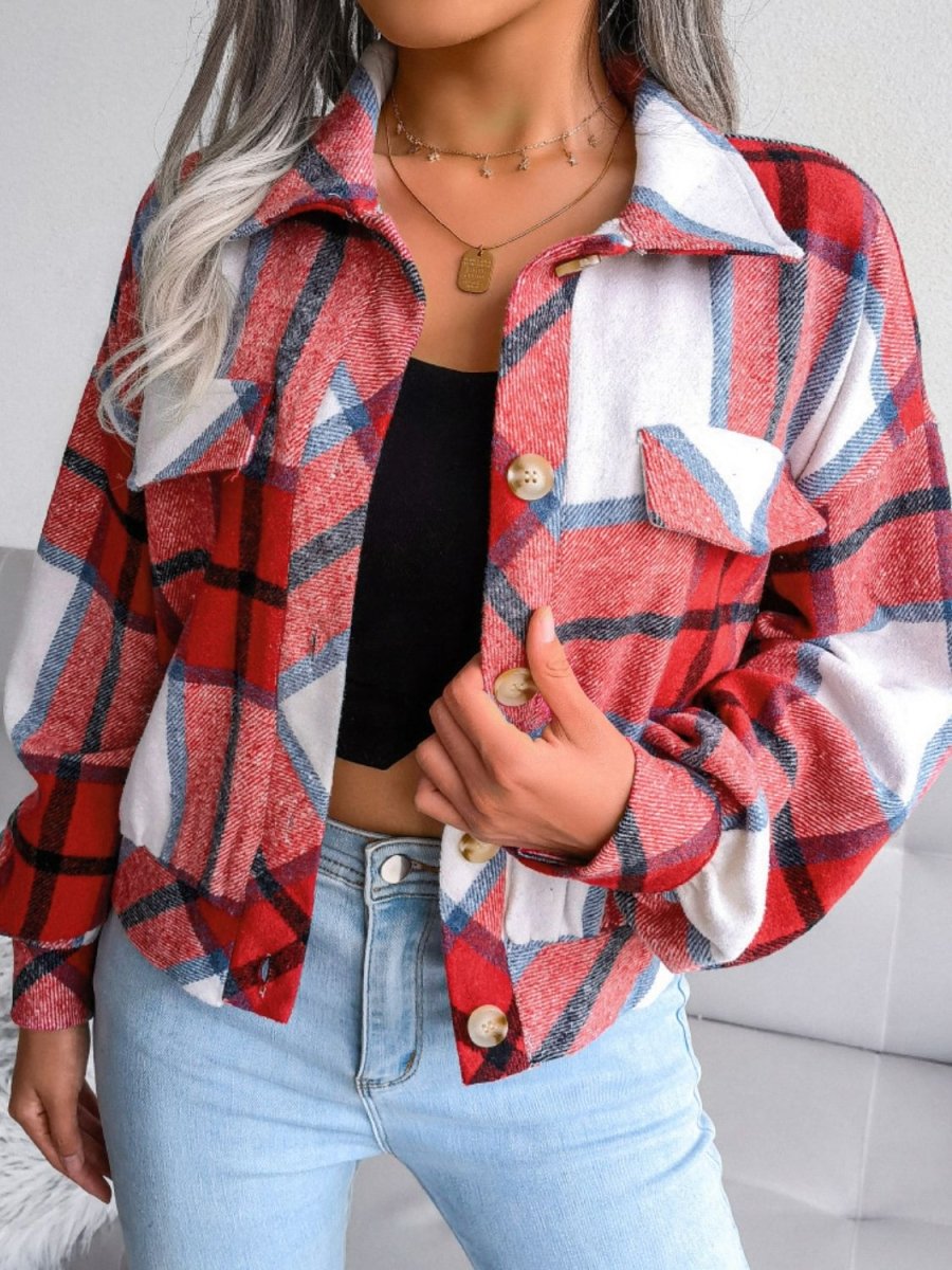 Plaid Collared Neck Drop Shoulder Jacket - CELIVINE