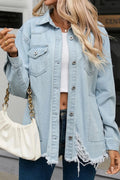 Flap Pocket Raw Hem Denim Jacket - CELIVINE
