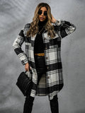 Plaid Collared Neck Long Sleeve Coat - CELIVINE