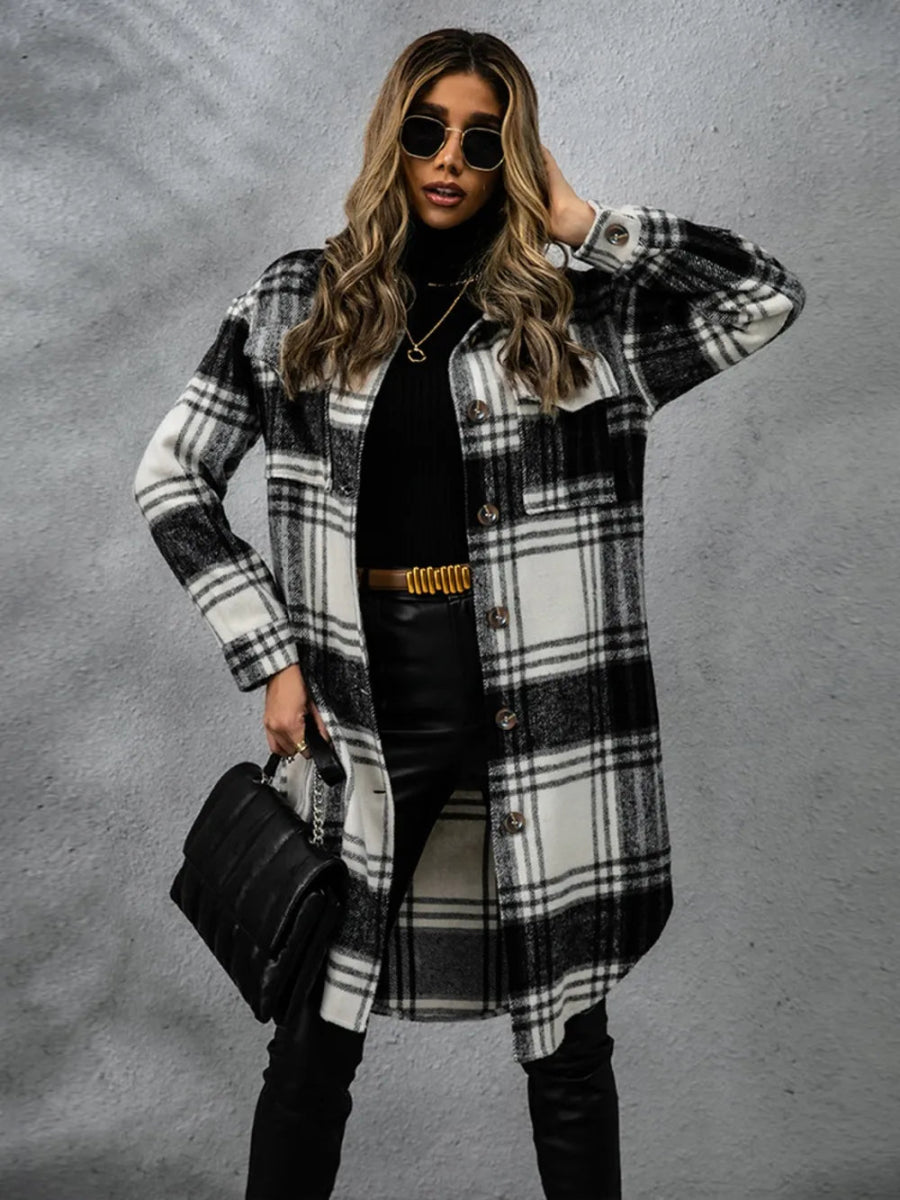 Plaid Collared Neck Long Sleeve Coat - CELIVINE