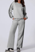 Side Striped Round Neck Top and Pants Active Set - CELIVINE