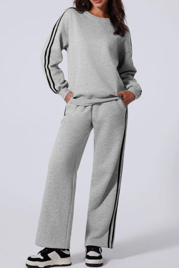 Side Striped Round Neck Top and Pants Active Set - CELIVINE