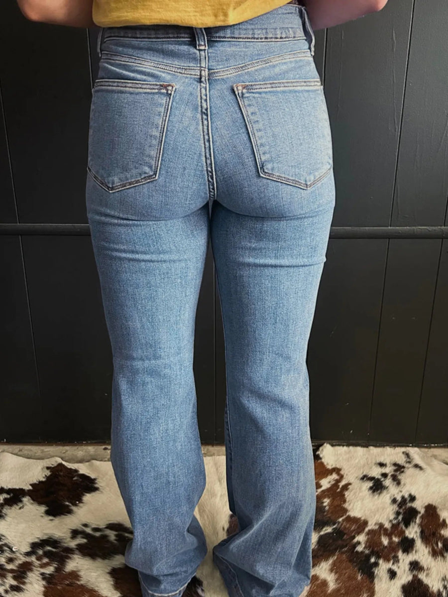 High - Waisted Flare Jeans with Seam Detail - CELIVINE