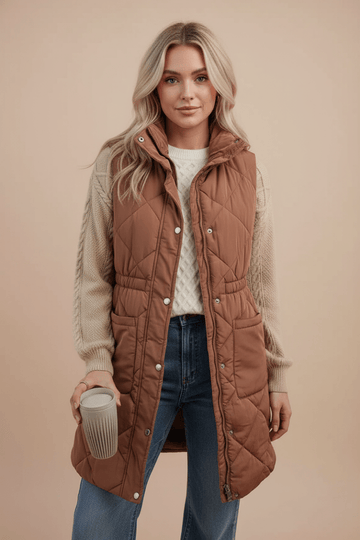 Pocketed Zipper and Button Vest Coat - CELIVINE