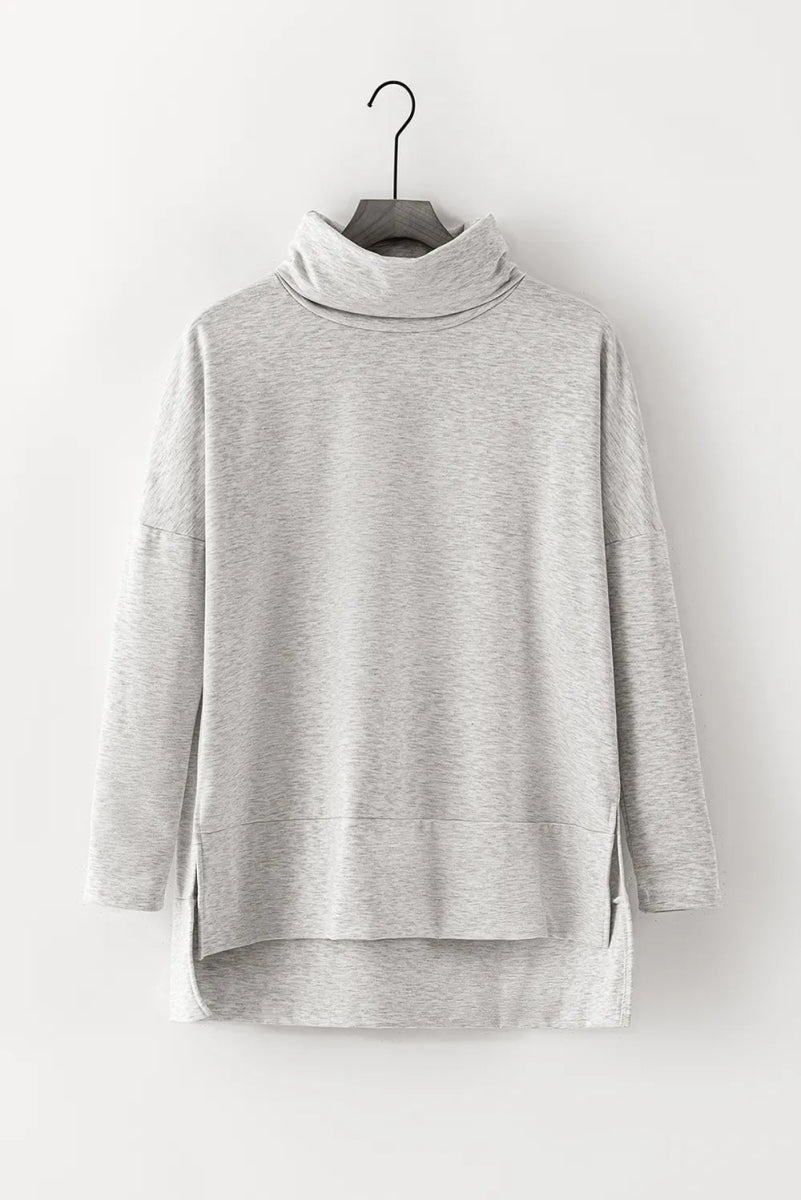 Side Slit High - Low Cowl Neck Long Sleeve Blouse - CELIVINE