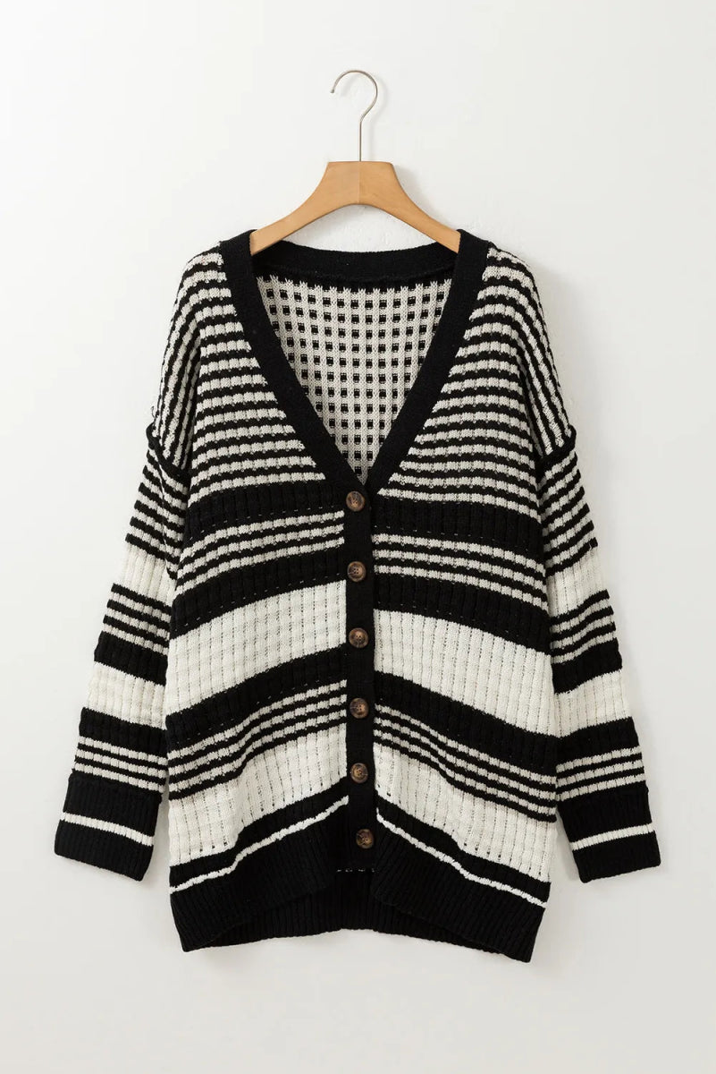 Striped Button Down Cardigan - CELIVINE