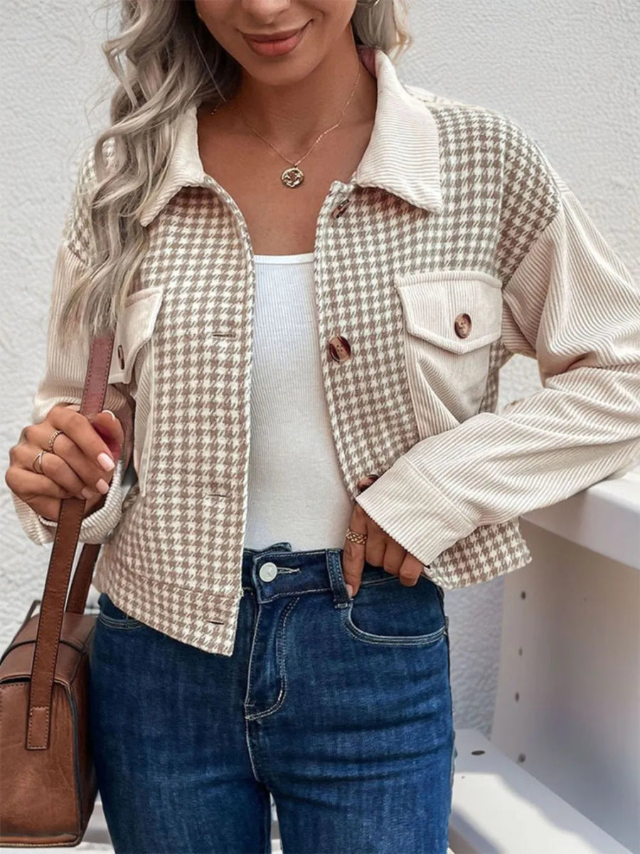 Perfee Pocketed Houndstooth Long Sleeve Jacket - CELIVINE