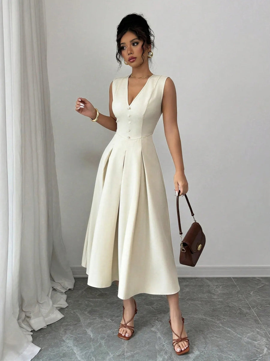 V - Neck Sleeveless Midi Dress - CELIVINE