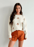 Halloween Pumpkin Embroidered Round Neck Long Sleeve Sweater - CELIVINE