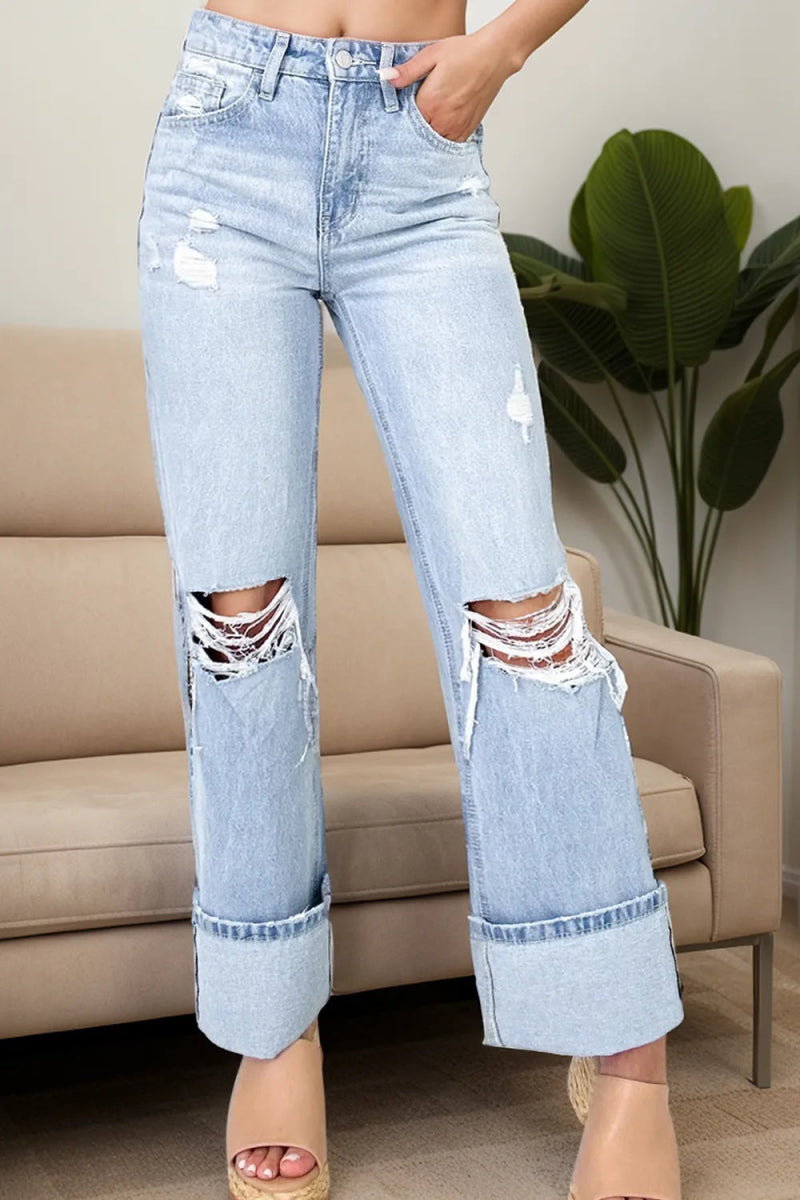 Distressed High Waist Jeans with Pockets - CELIVINE