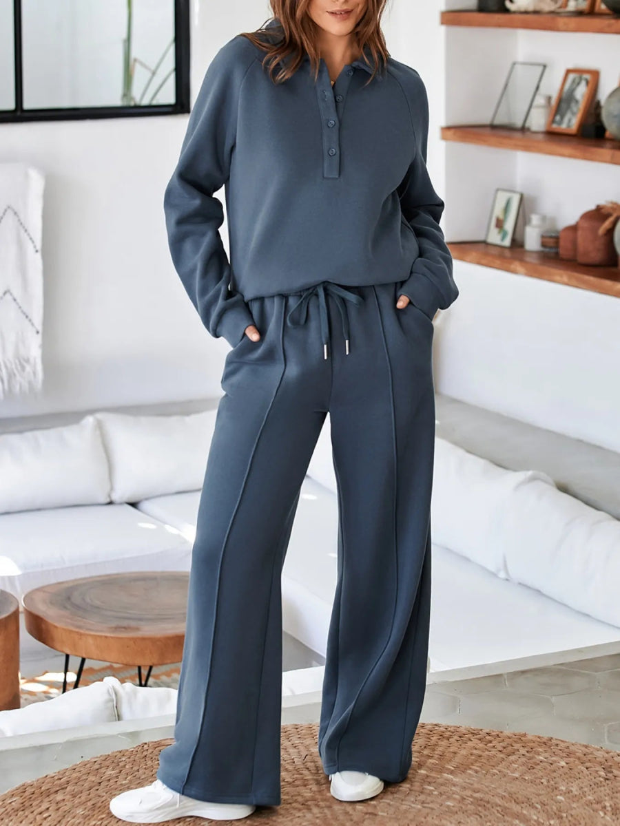 Collared Sweatshirt and High Waist Pants Active Set - CELIVINE