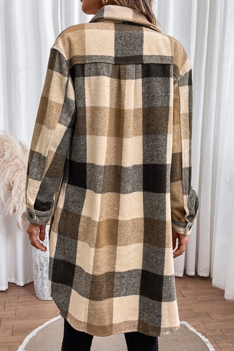 Plaid Button Down Longline Coat - CELIVINE