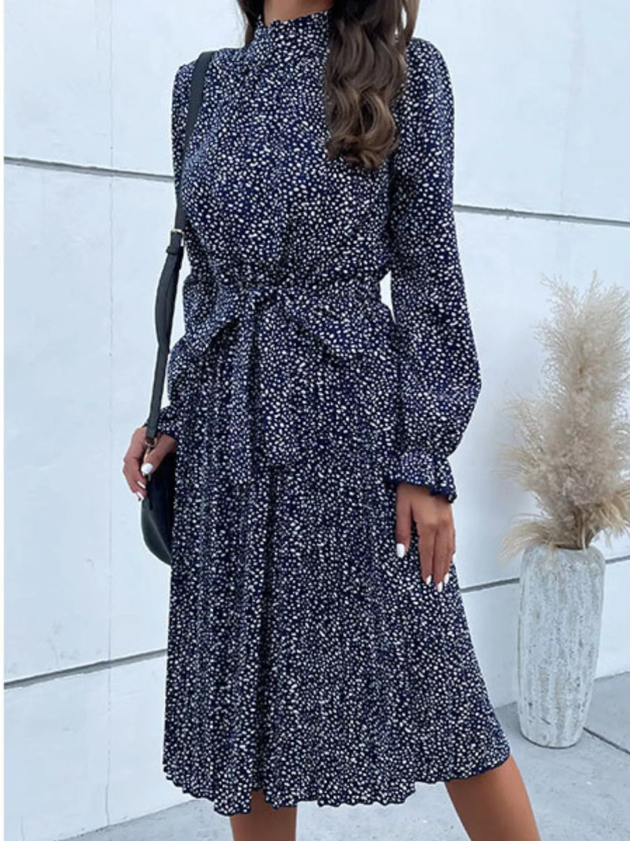 Animal Print Mock Neck Flounce Sleeve Dress - CELIVINE