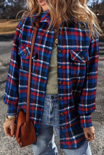 Pocketed Plaid Collared Neck Long Sleeve Shacket - CELIVINE