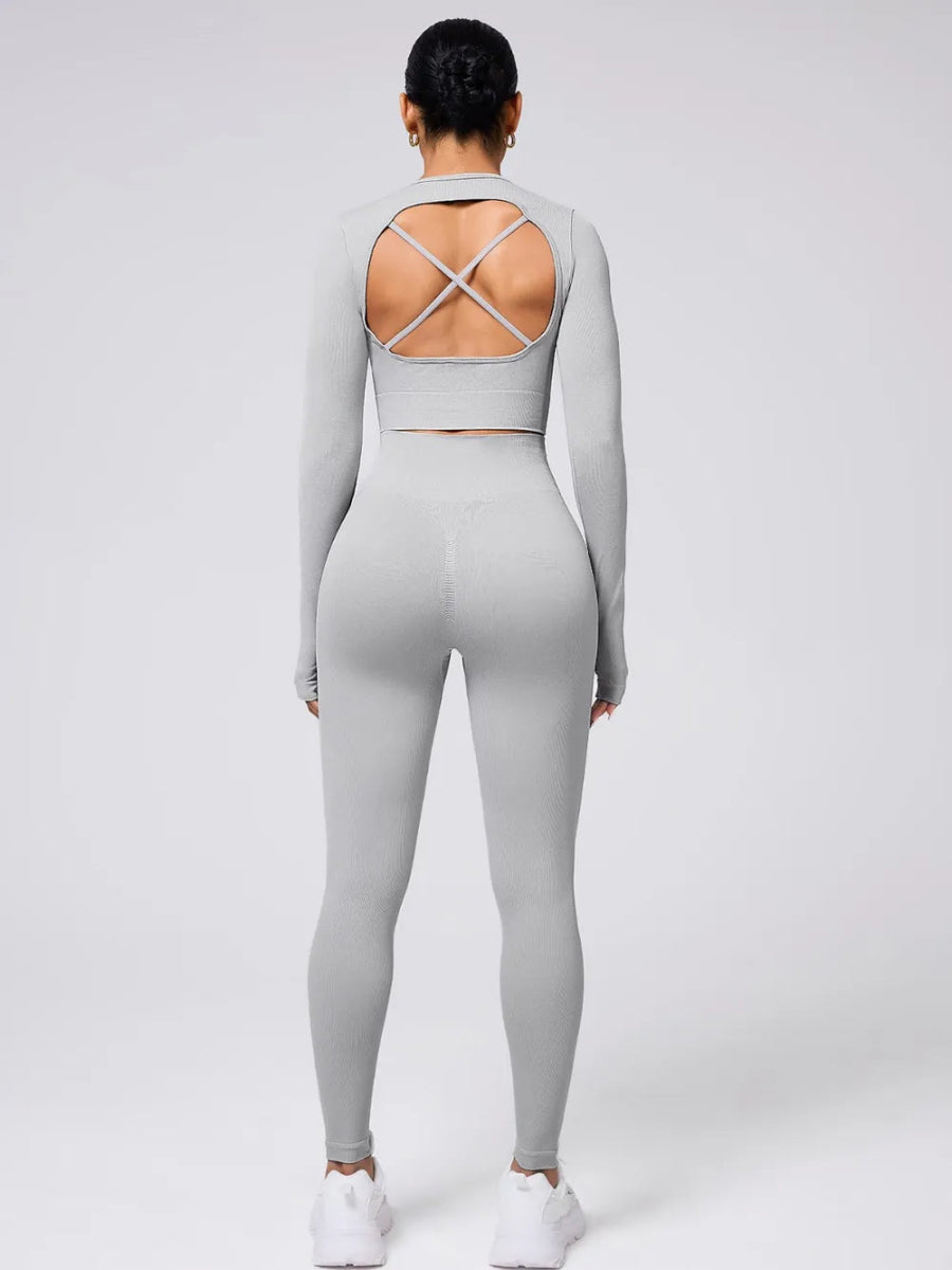 Back Crisscross Round Neck Long Sleeve Top and Leggings Active Set - CELIVINE