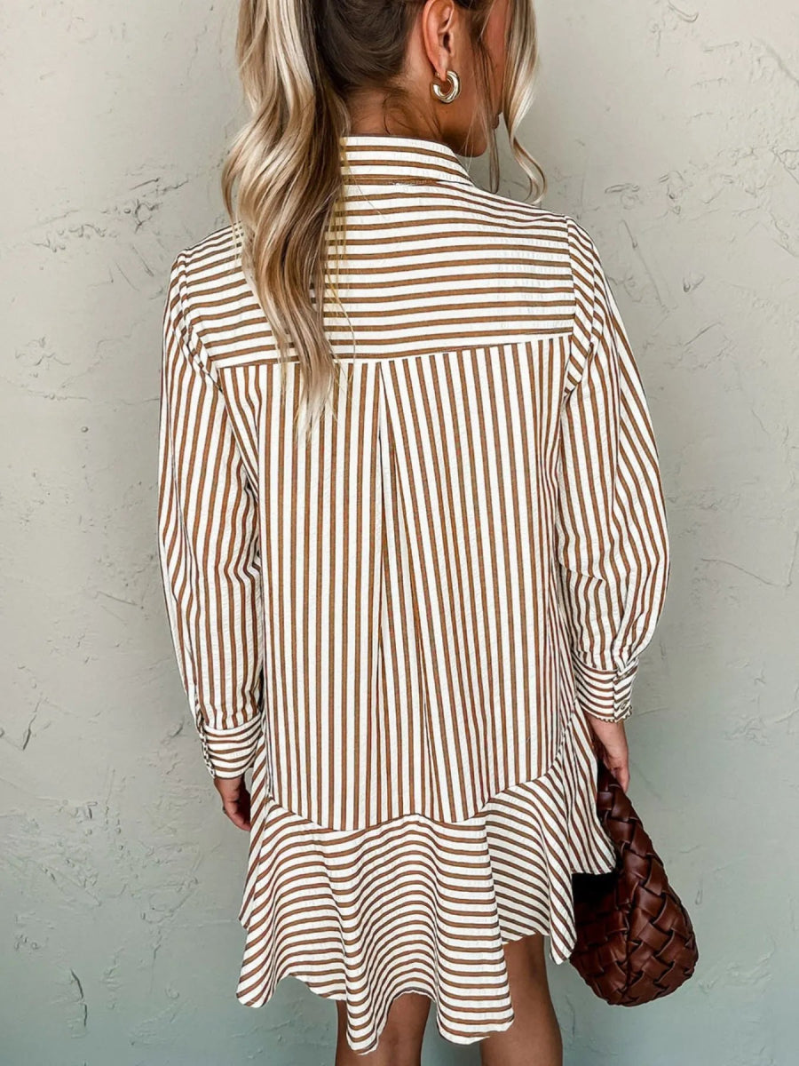 Stripe Ruffled Hem Collared Long Sleeve Shirt Mini Dress - CELIVINE