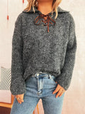 Lace Up Long Sleeve Sweater - CELIVINE