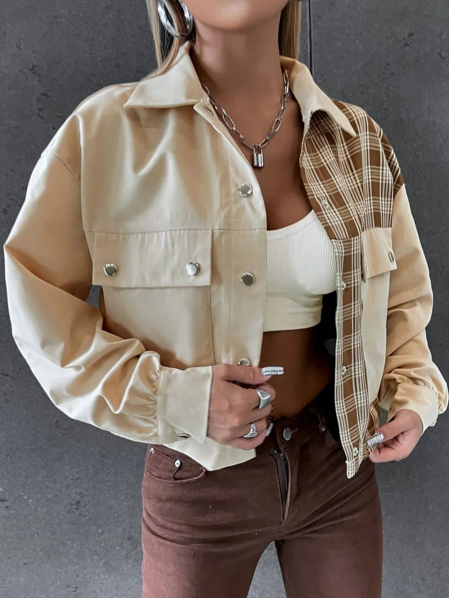 Snap Down Color Block Plaid Jacket - CELIVINE