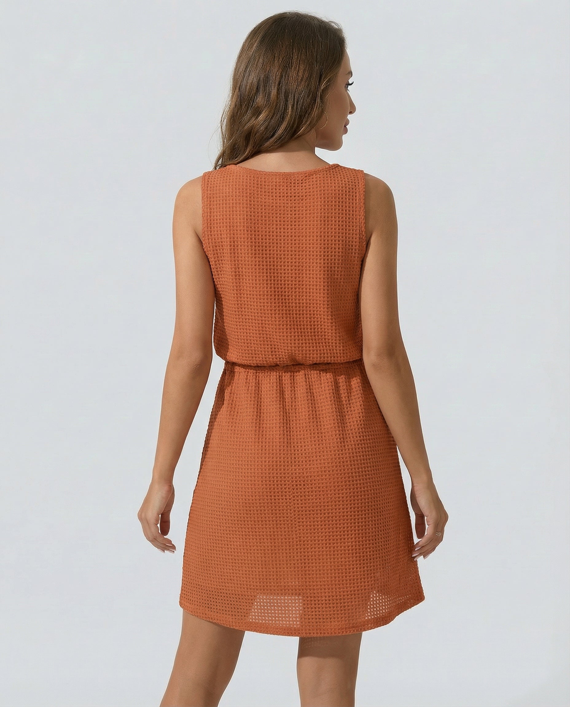 Waffle - Knit Drawstring Mini Tank Dress - CELIVINE