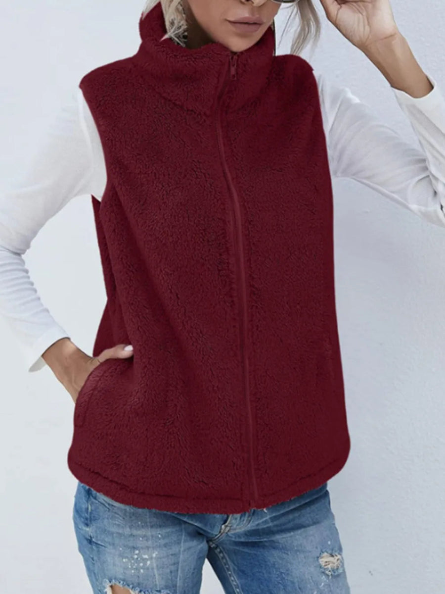 Full Size Fuzzy Zip Up Vest Coat with Pockets - CELIVINE