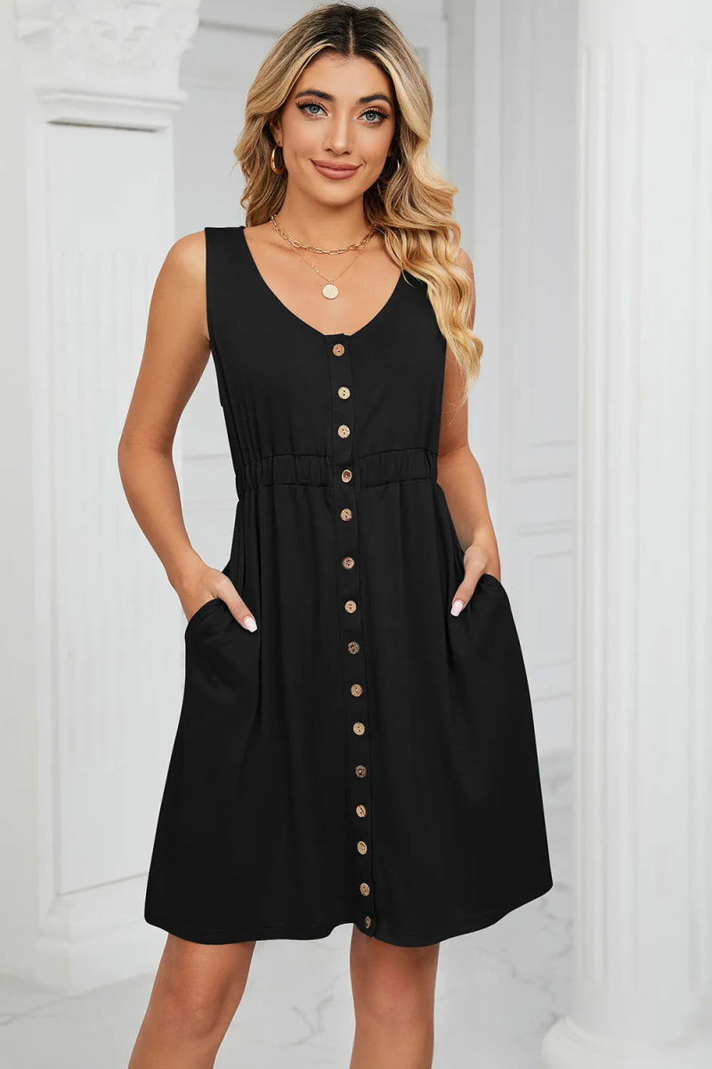 Buttoned Wide Strap Mini Dress - CELIVINE