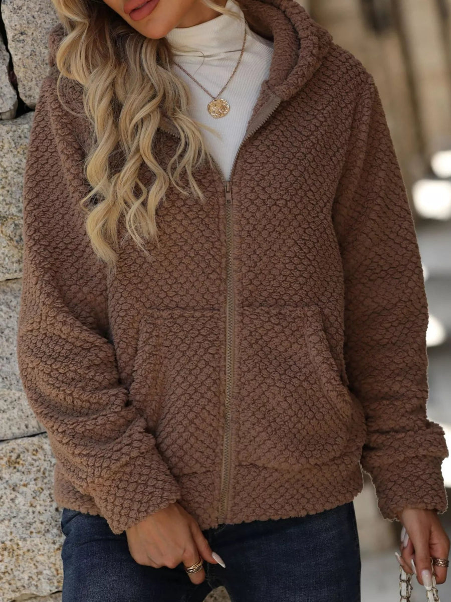 Textured Knit Zip - Up Hooded Outerwear - CELIVINE