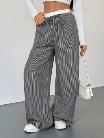 Striped Wide Leg Drawstring Pants - CELIVINE