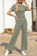Ribbed Short Sleeve Wide Leg Jumpsuit - CELIVINE