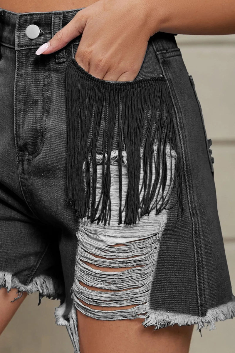 Distressed Fringe Denim Shorts - CELIVINE