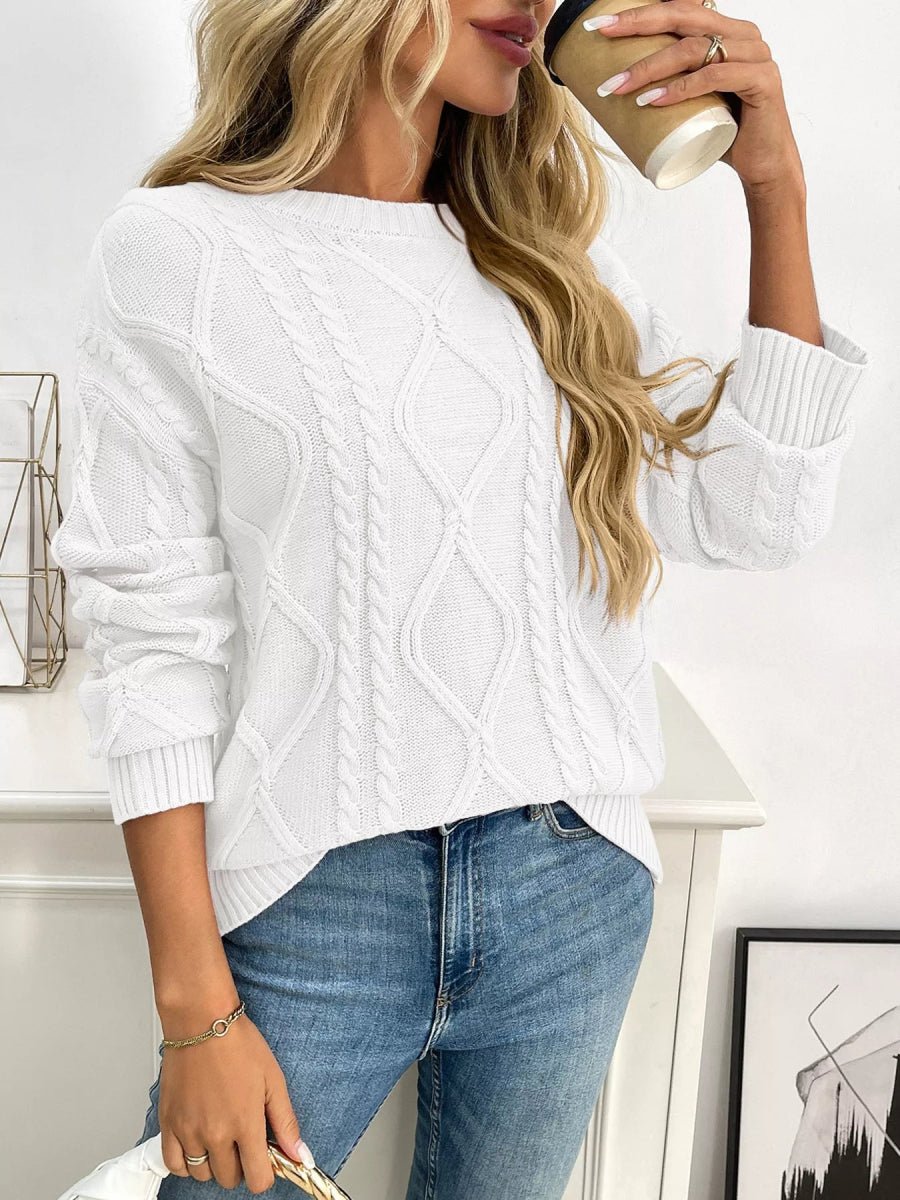 Cable Knit Round Neck Long Sleeve Sweater - CELIVINE