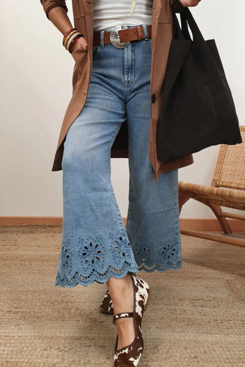 Lace Detail Cropped Wide Leg Jeans - CELIVINE