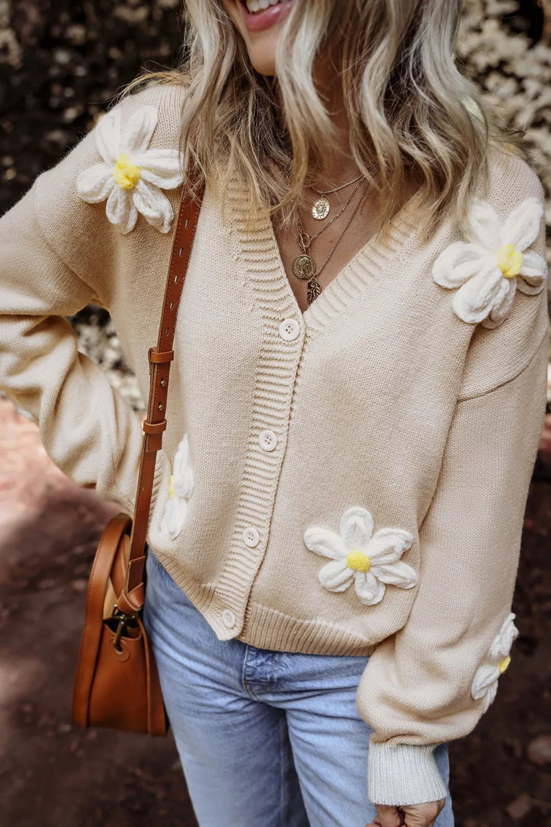 Flower Dropped Shoulder Long Sleeve Cardigan - CELIVINE