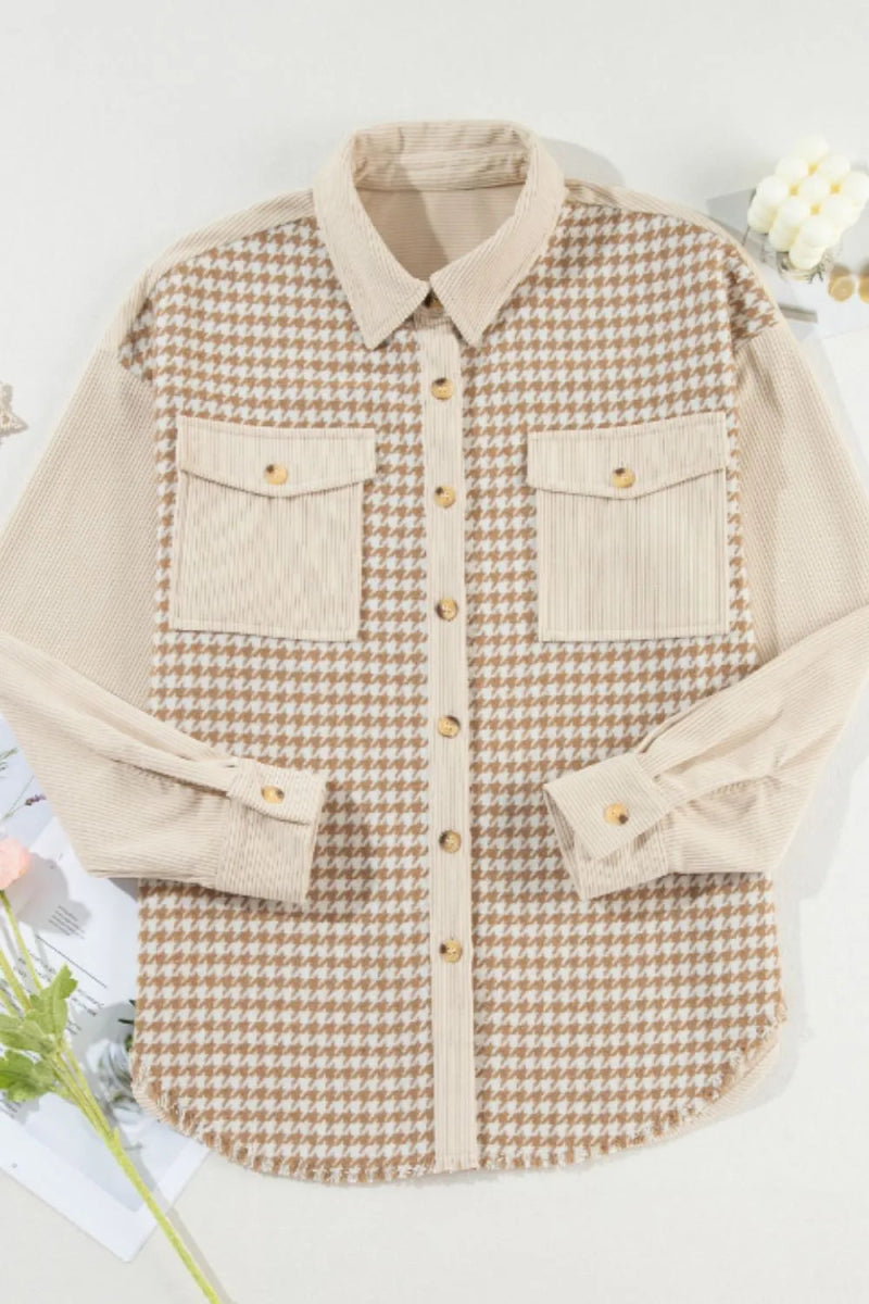 Houndstooth Button Up Long Sleeve Jacket - CELIVINE