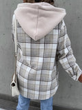 Plaid Button Up Jacket with Removable Hood - CELIVINE