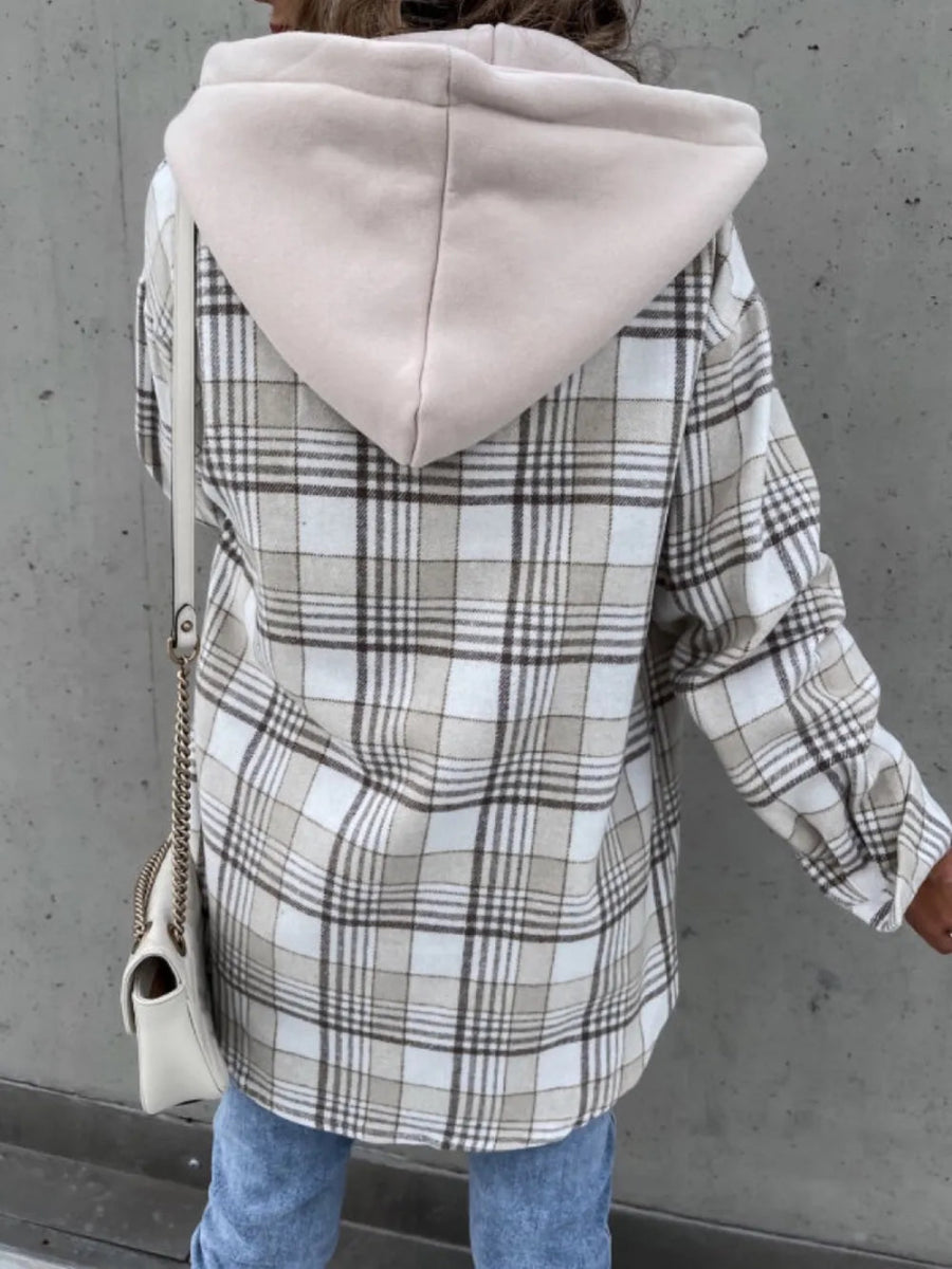 Plaid Button Up Jacket with Removable Hood - CELIVINE