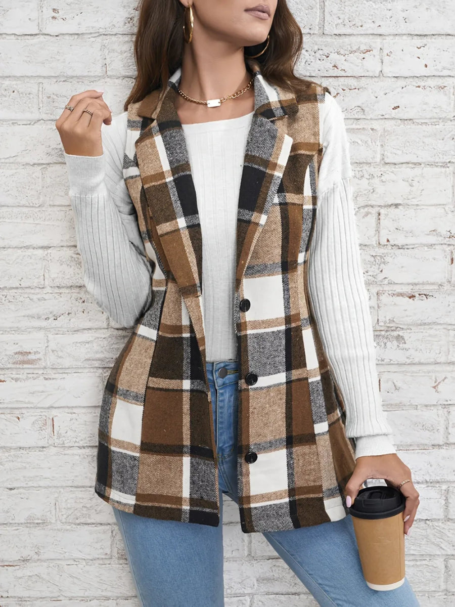 Plaid Button Down Vest Coat - CELIVINE
