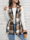 Plaid Button Down Vest Coat - CELIVINE