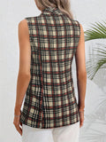 Plaid Button Up Collared Neck Vest - CELIVINE