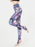 Printed Wide Waistband Active Leggings with Stirrups - CELIVINE