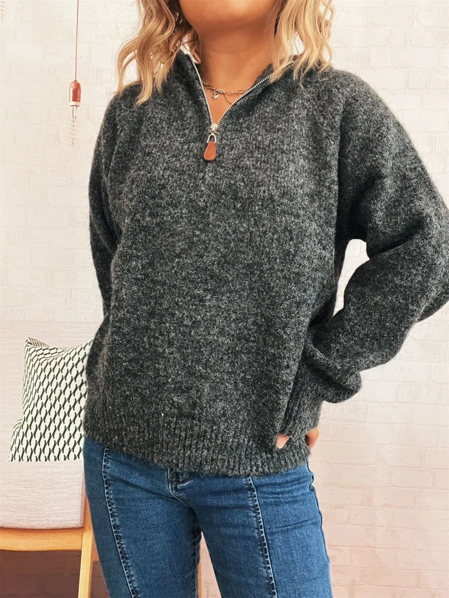 Quarter Zip Ribbed Hem Sweater - CELIVINE
