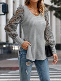 Slit Round Neck Lace Long Sleeve T-Shirt - CELIVINE