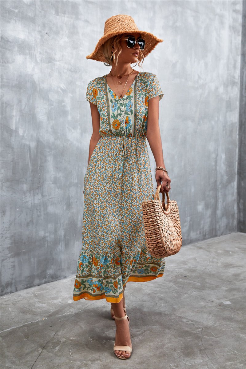 V - Neck Short Sleeve Printed Maxi Dress - CELIVINE