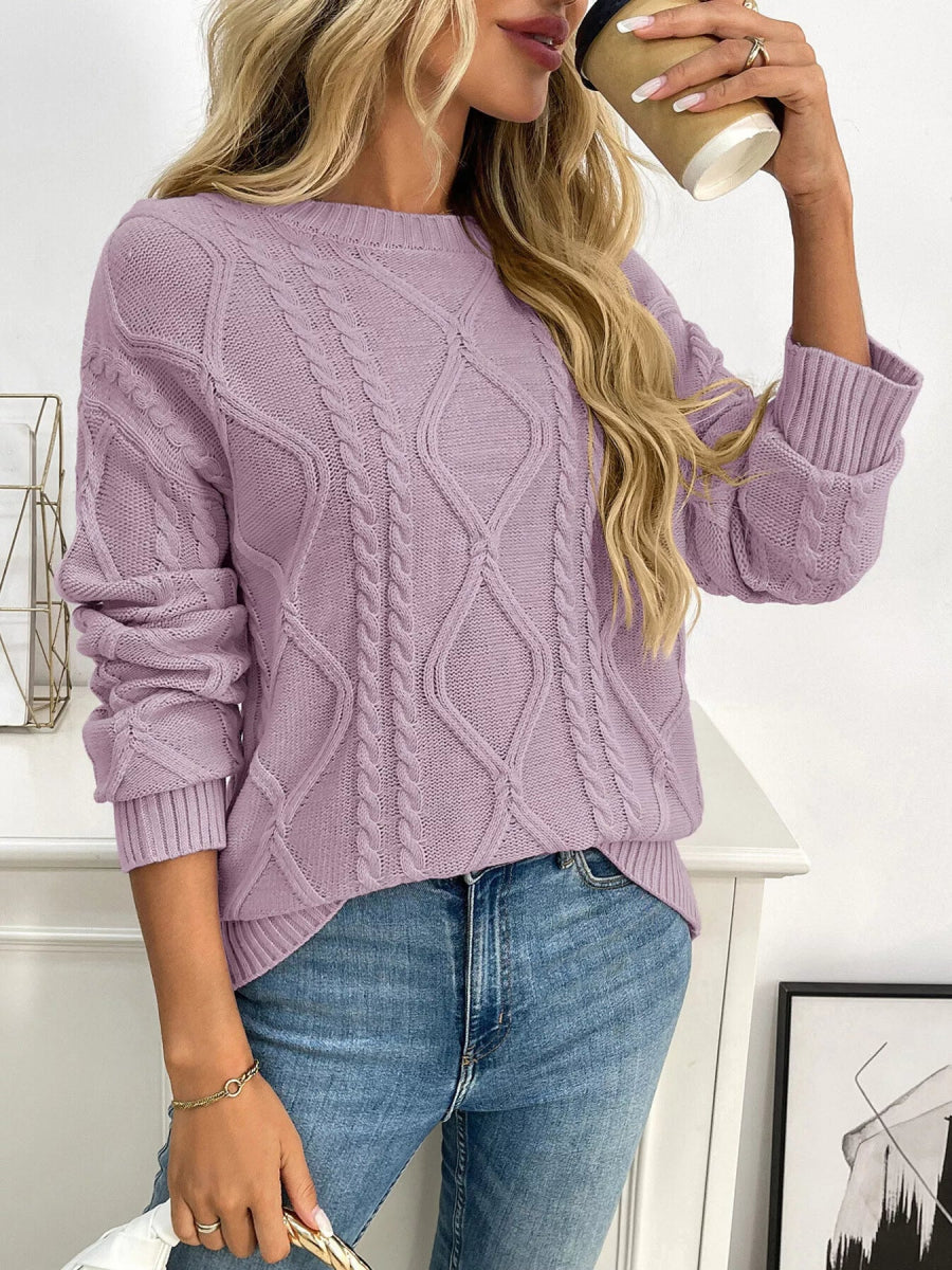 Cable Knit Round Neck Long Sleeve Sweater - CELIVINE