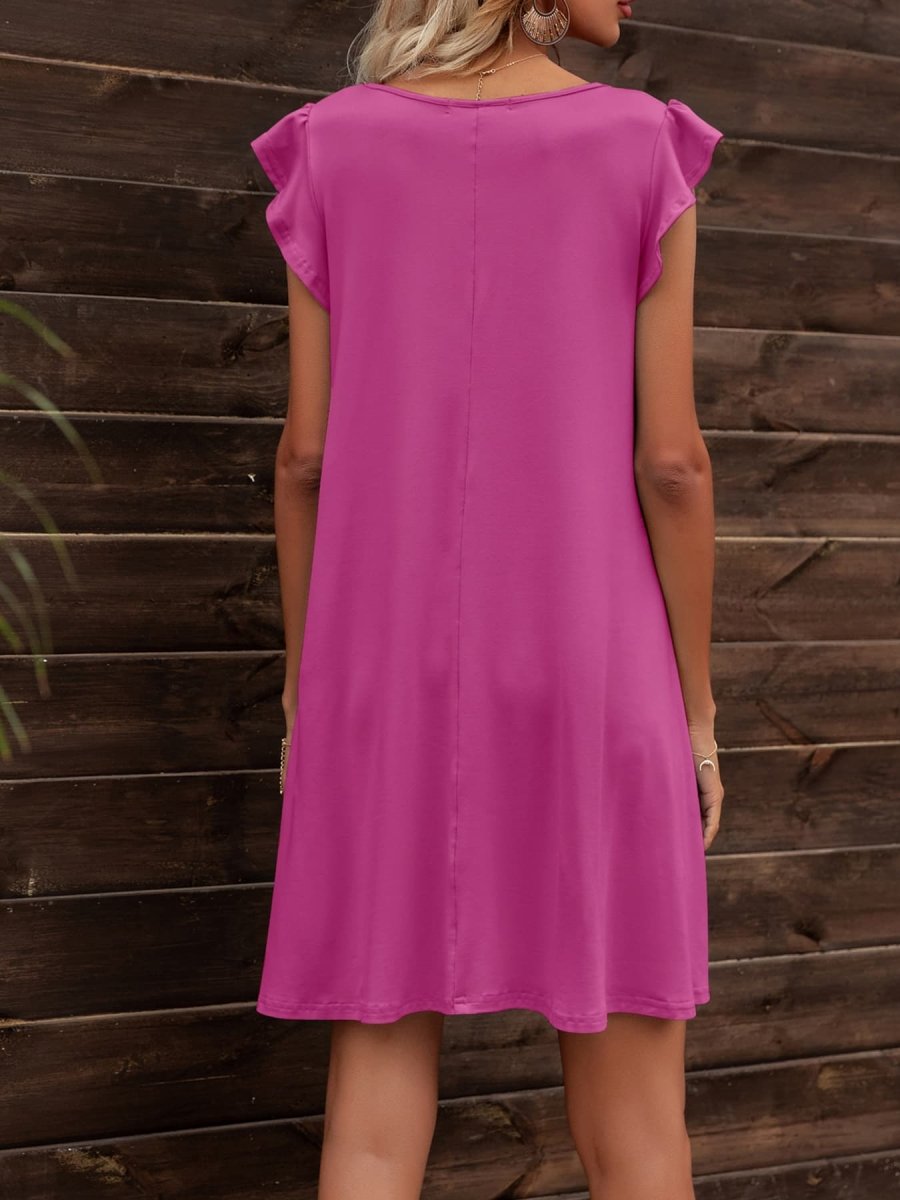 Round Neck Flutter Sleeve Dress with Pockets - CELIVINE