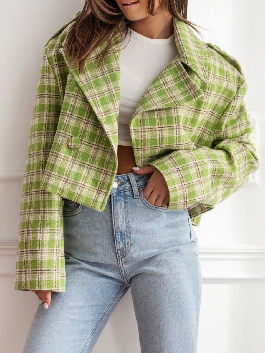 Plaid Lapel Collar Cropped Outerwear - CELIVINE