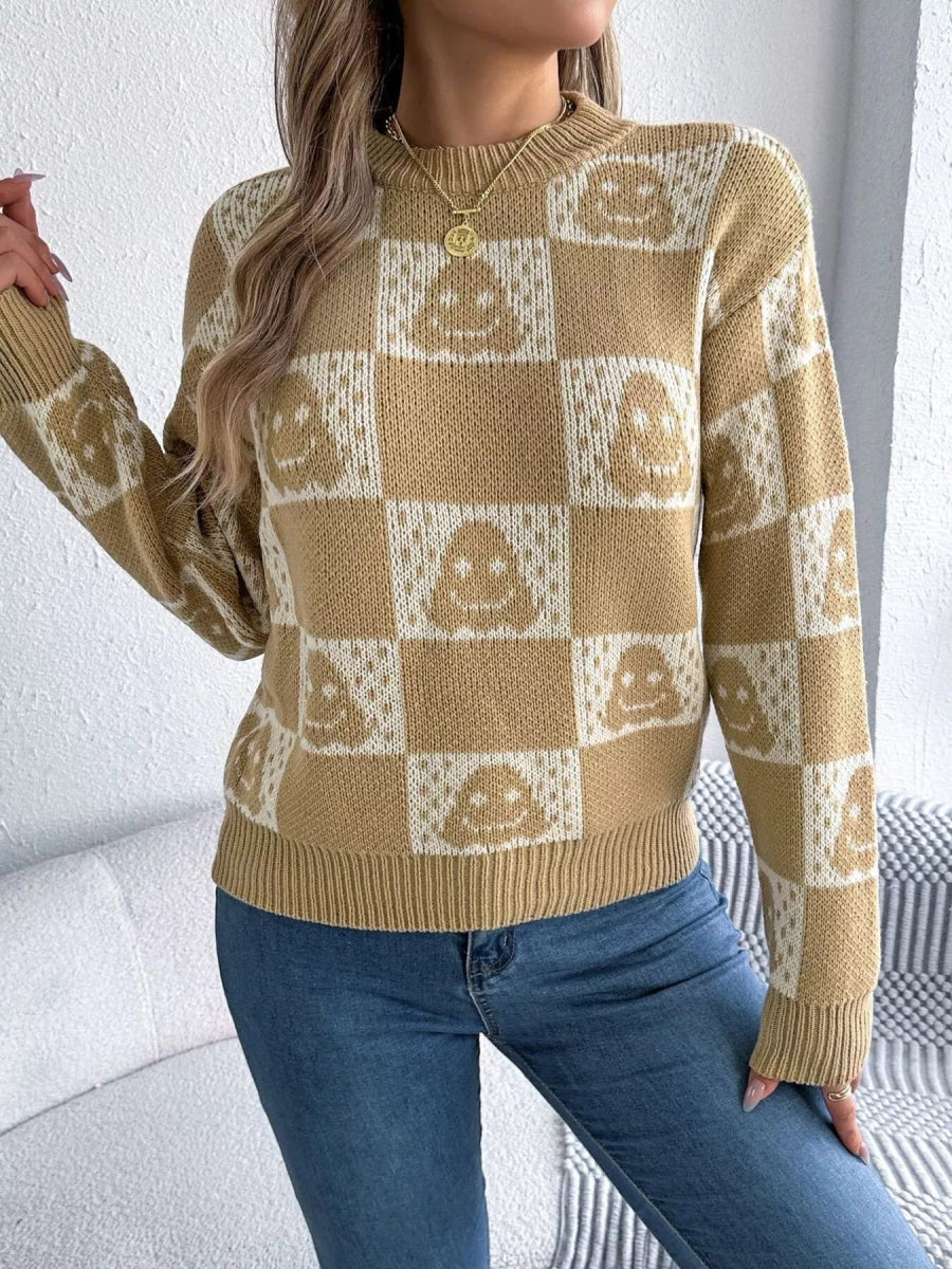 Halloween Ghost Pattern Checkered Round Neck Sweater - CELIVINE