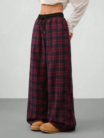 Plaid Wide Leg Pants with Drawstring Waist - CELIVINE